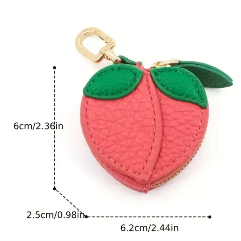 Peach Mini Coin Purse Keychain 🍑 Cute Fruit Faux Leather Keyfob Airtag Pouch